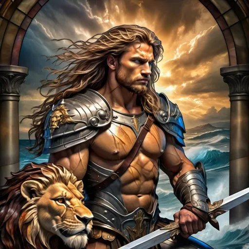 Prompt:  as fantasy, beautiful, spartan, male, warrior, after battle, kneeling, holding sword in right hand, (right hand of Zeus on her left shoulder), (full armor), long, flowing hair, (realistic photo), digital, epic scene, (highly detailed), (faded image of a lion in background sky), storms and raging ocean in background, sharp faces,
