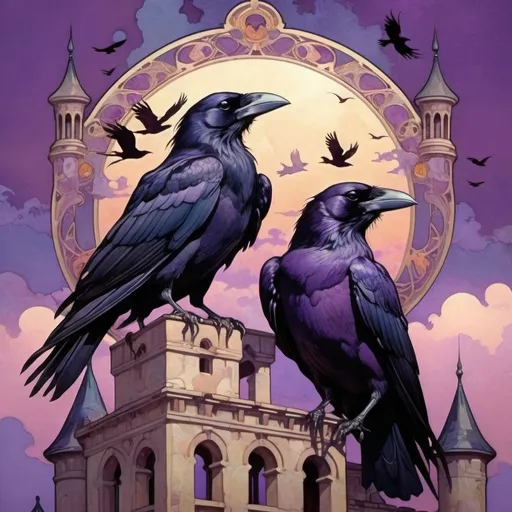 Prompt: Crows on castle purple sky