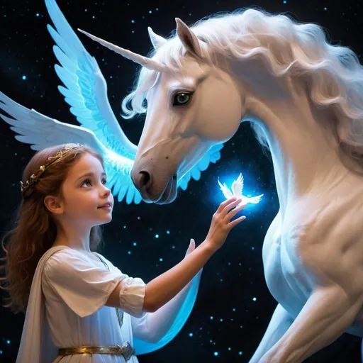 Prompt: Young Princess Elara reaching out to touch the Pegasus Astraeus for the first time, both glowing with a sense of connection