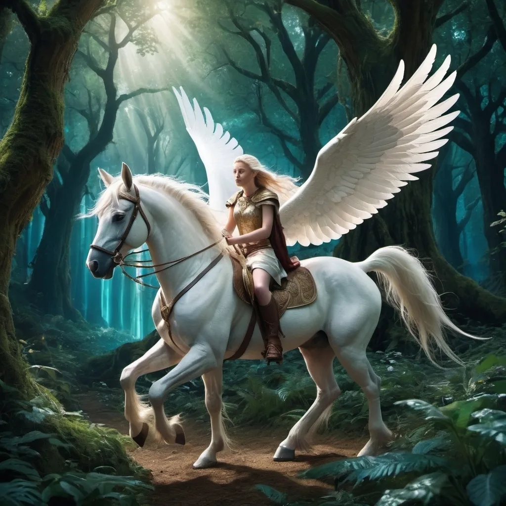 Prompt: Elara riding Astraeus the Pegasus   through an enchanted forest to meet an ancient oracle, with magical elements in the surroundings