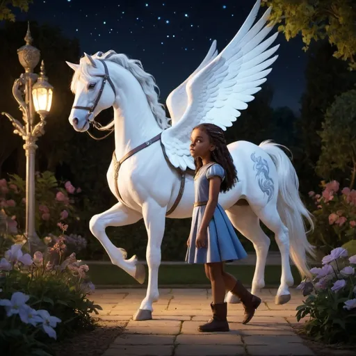 Prompt: Nighttime royal garden, young Elara following a soft light or melodic call, with the Pegasus appearing in the background