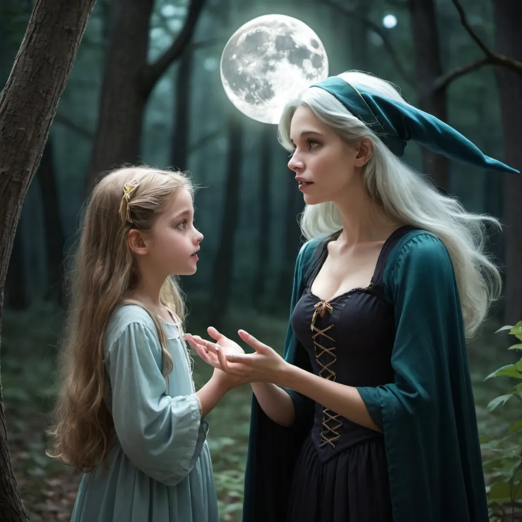 Prompt: "Witch Lyria speaking softly to a lost little girl named Elara, gentle and concerned expression, moonlit forest setting"