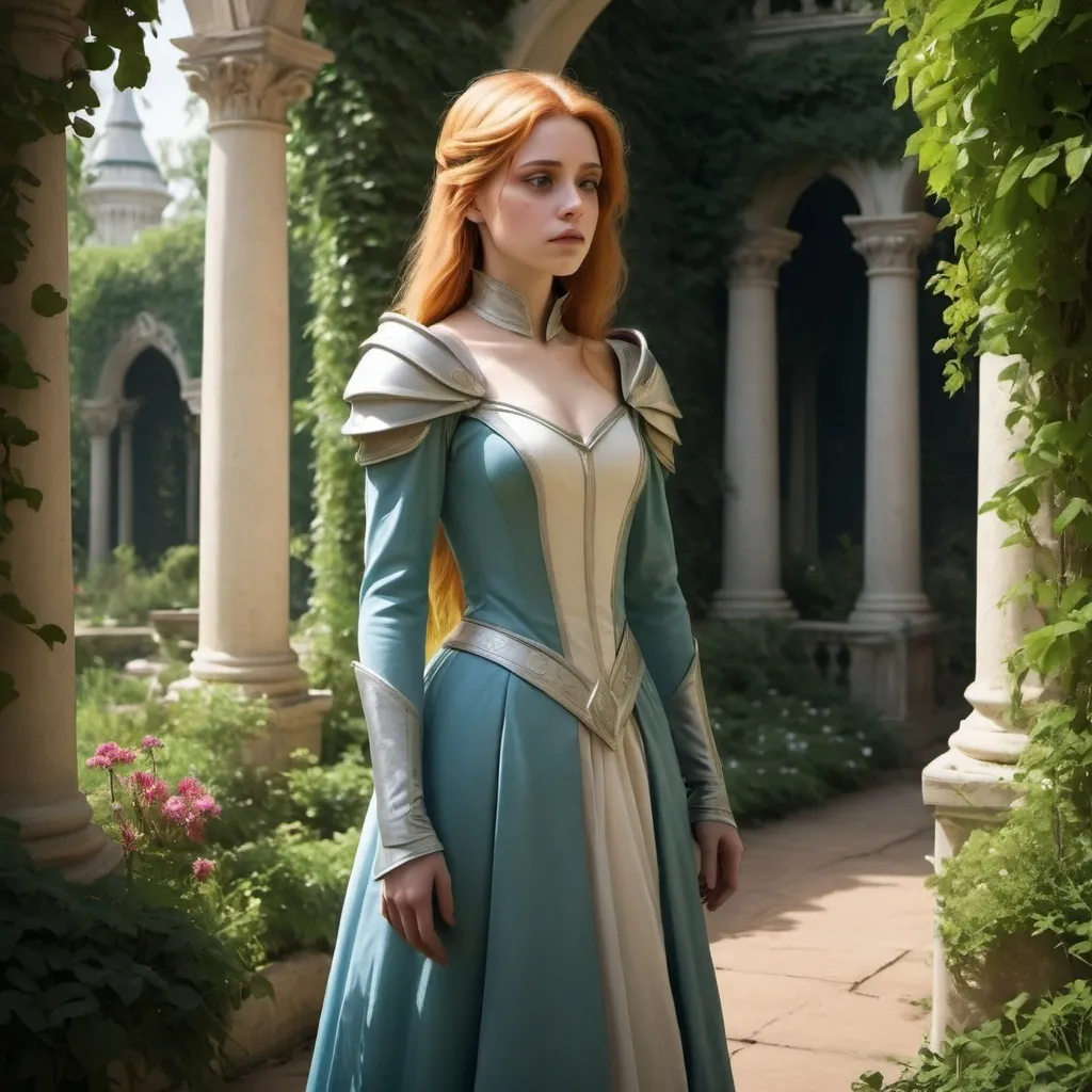 Prompt: "An invisible princess Elara wandering through beautiful but lonely palace gardens, looking heartbroken."