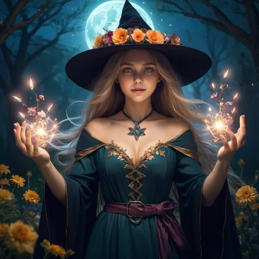 Prompt: "Witch Lyria using her powers, flowers blooming at night, magical light emanating from her hands, enchanting scene"