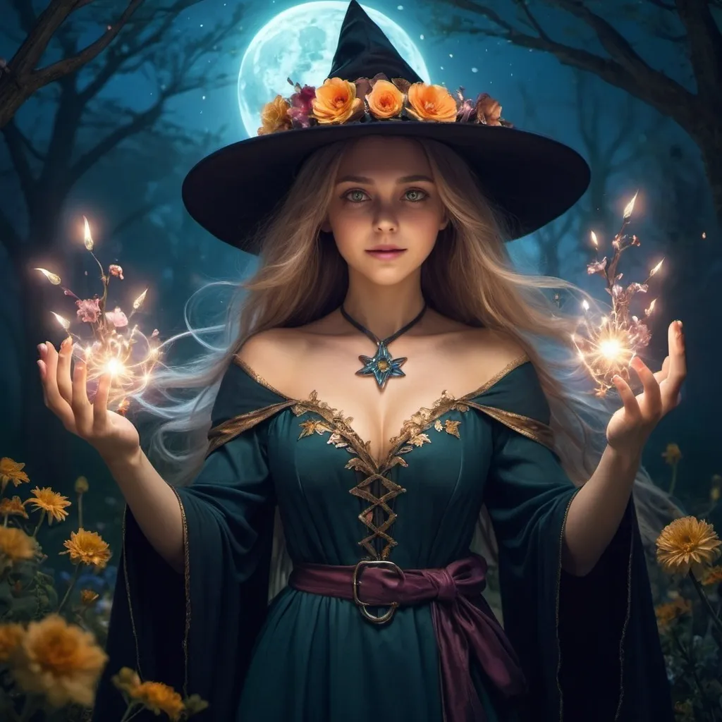 Prompt: "Witch Lyria using her powers, flowers blooming at night, magical light emanating from her hands, enchanting scene"