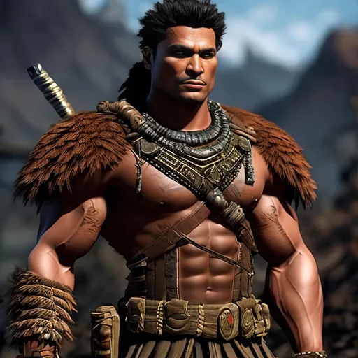 Prompt: very muscular tribal warrior, post apocalyptic setting