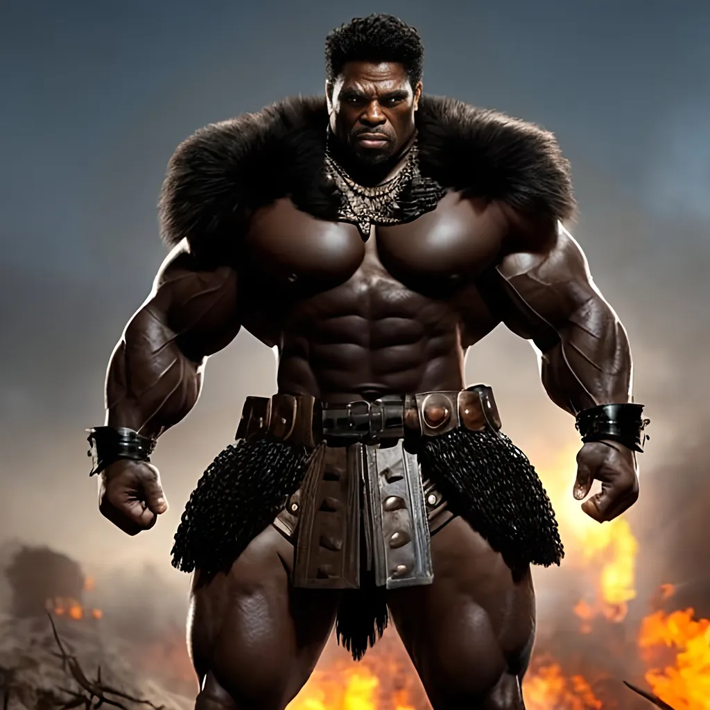 Prompt: very muscular and hulking black tribal warrior, post apocalyptic setting, rawhide leather armor