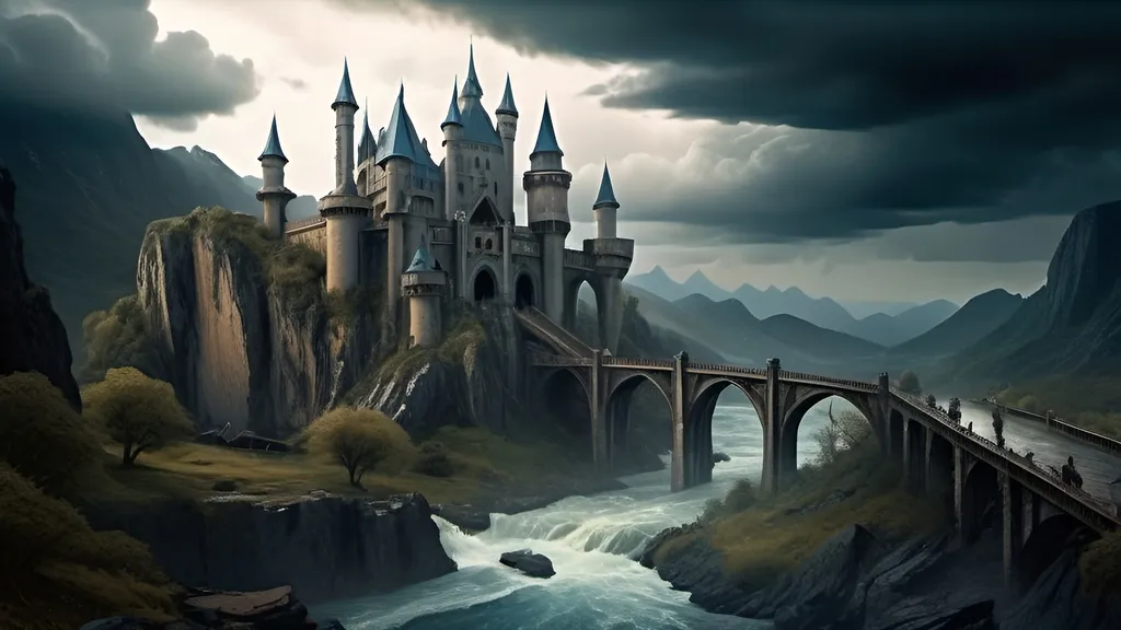 Prompt: (fantastical castle with blue towers), broken bridge,  execution scene, poor people in distress, grim expressions, chilling landscape, turbulent river, majestic mountains under stormy clouds, heavy rain, (detailed matte painting), sinister atmosphere, (dark fantasy art), (highly detailed), haunting elements, evocative scene depicting despair and desolation.