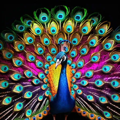 Prompt: Giant neon peacock, colorful feathers spread out, vibrant neon colors, detailed feather patterns, high quality, neon art, surreal, vibrant lighting, majestic, fantasy