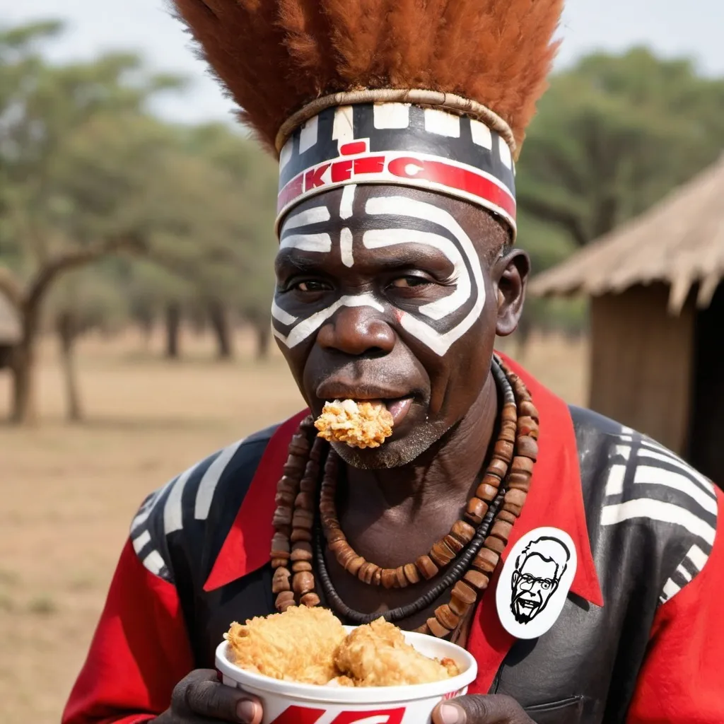 Prompt: African Zulu headhunter Eating KFC