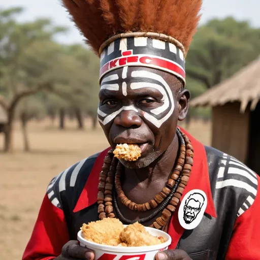 Prompt: African Zulu headhunter Eating KFC