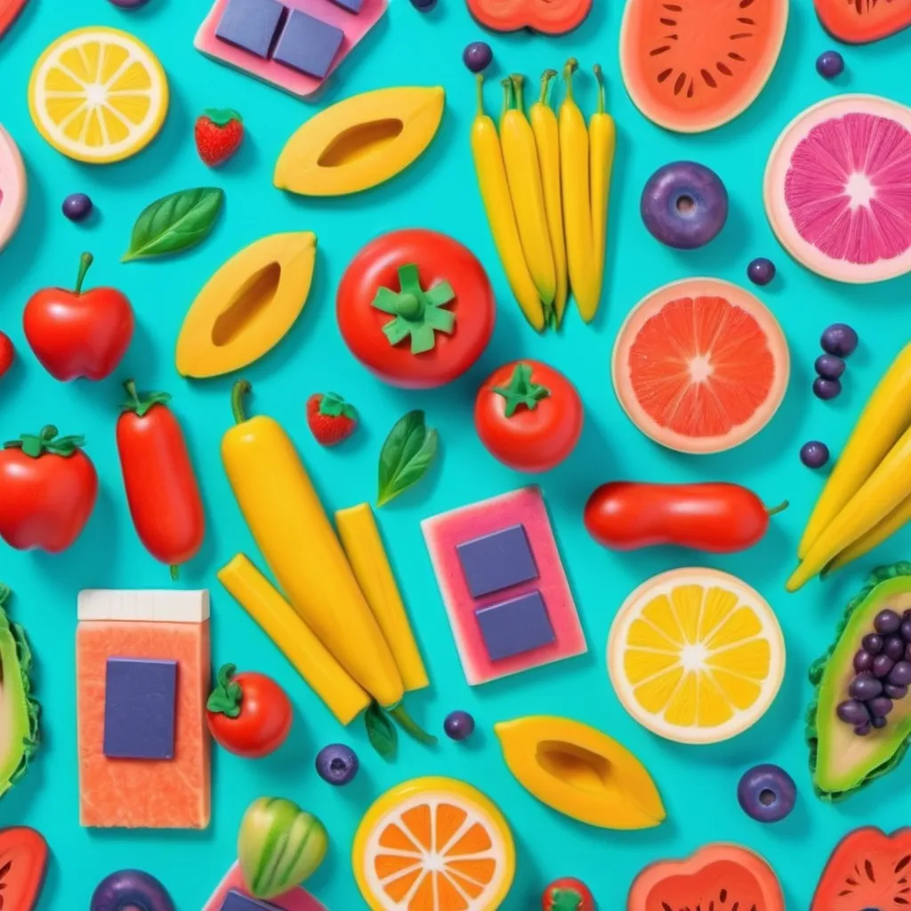 Prompt: colorful healthy food with 90s style