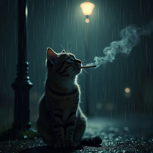 Prompt: a cat smoking cigerette in rain in lnight under street lamp , raining , nor