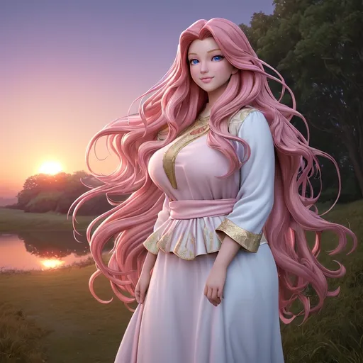 Prompt: A plus-size (long pink hair women), vibrant blue eyes, styled hair, soft expression, vibrant hair, warm golden highlights, gentle smile, casual attire. Background with glowing sunset hues, (dreamy atmosphere), light morning dew glistening on grass, (ultra-detailed) nature surroundings, high-quality image, showcasing tranquil beauty, inviting and serene feel. 