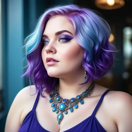 Prompt: a beautiful plus-size woman, bright shining purple hair, bright blue eyes, tasteful silver jewelry, cool atmosphere