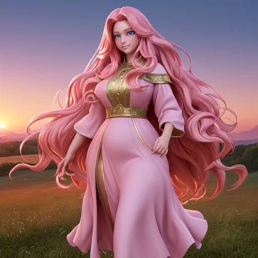 Prompt: A plus-size (long pink hair women), vibrant blue eyes, styled hair, soft expression, vibrant hair, warm golden highlights, gentle smile, casual attire. Background with glowing sunset hues, (dreamy atmosphere), light morning dew glistening on grass, (ultra-detailed) nature surroundings, high-quality image, showcasing tranquil beauty, inviting and serene feel. 