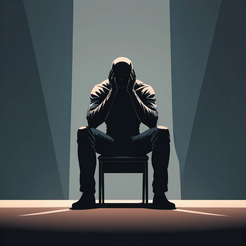 Prompt: Minimal illustration of a person sitting in a chair head in his hands feeling bad with a shadow over him that is his superhero or god form
