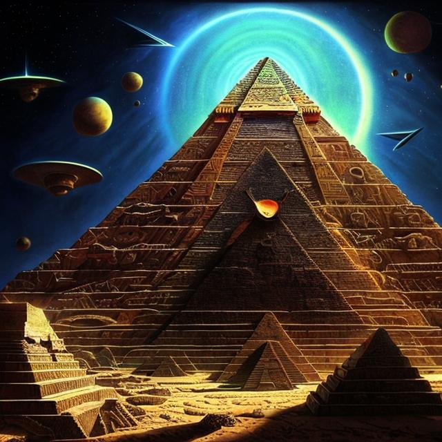 Prompt: Surrealism artwork of Anunnaki presence in a futuristic universe, ancient pyramid juxtaposed with futuristic technology, divine and otherworldly, cosmic color palette, intricate details, high-res, surrealism, Anunnaki, futuristic, cosmic, pyramid, divine, ancient, technological, detailed, surreal color palette, surreal lighting