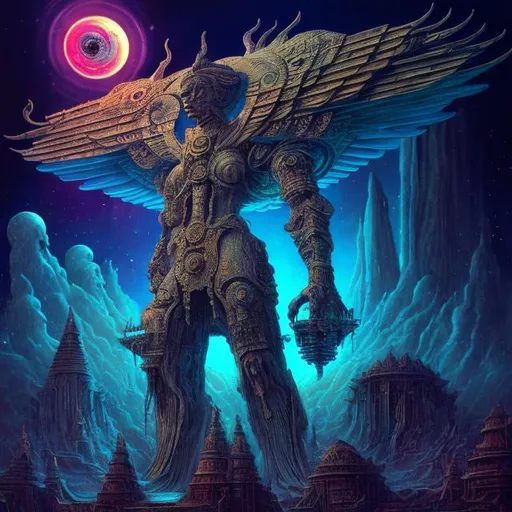 Prompt: Anunnaki, space ship, technology, universe, surrealism, angelic, god, sci-fi, surreal, ethereal, futuristic, cosmic, advanced tech, otherworldly, mystical, space-age, celestial, surrealistic, vibrant colors, intricate details, highres, ultra-detailed, atmospheric lighting, gilgamesh