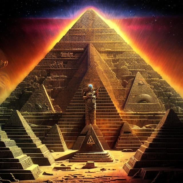 Prompt: Surrealism artwork of Anunnaki presence in a futuristic universe, ancient pyramid juxtaposed with futuristic technology, divine and otherworldly, cosmic color palette, intricate details, high-res, surrealism, Anunnaki, futuristic, cosmic, pyramid, divine, ancient, technological, detailed, surreal color palette, surreal lighting