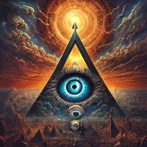 Prompt: Surrealist depiction of the all-seeing eye, earth in turmoil, angelic and demonic figures, superhero in conflict, looming pyramid, mind control, surrealism, detailed eye, symbolic hands, chaotic earth, angelic vs. demonic, superhero conflict, pyramid presence, mind-bending, surrealism style, high contrast, vibrant colors, dramatic lighting