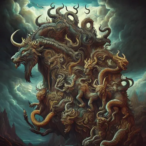 Prompt: Surrealism style, seven-headed beast with horns, crowns, dragon, bear, leopard, lion, surreal, detailed, high quality, atmospheric lighting, symbolic, Revelation, mythical, intense, surreal color palette, surrealistic details