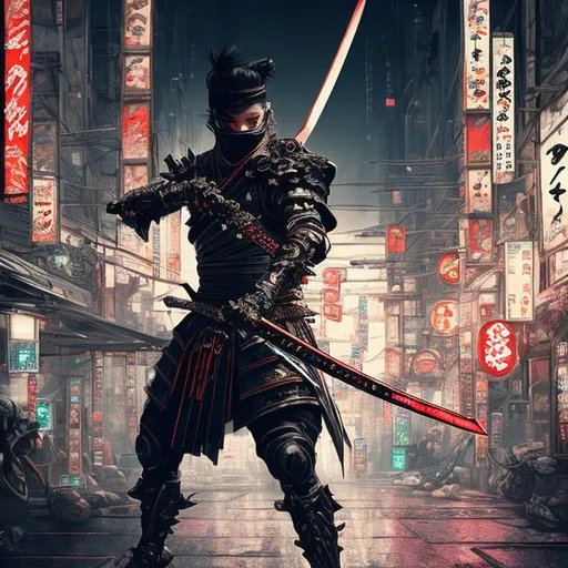 Prompt: Fantasy ninja wielding a sword, traditional Japanese attire with a futuristic twist, perch ,weaponry, cyberpunk Japan setting, neon-lit streets, intricate armor details, high-res, cyberpunk, traditional attire, sword, intense, weaponry, neon-lit, futuristic Japan,details, fantasy lighting