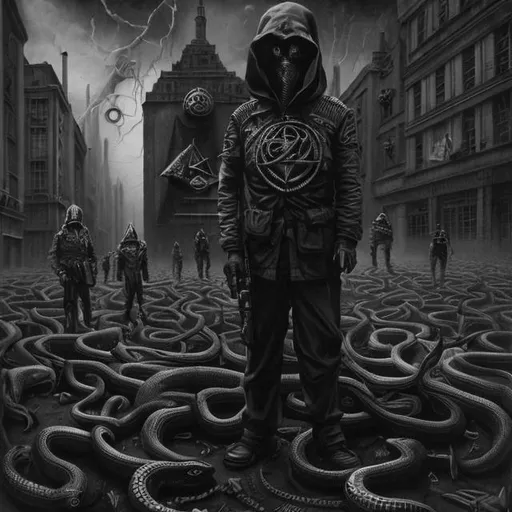 Prompt: Surrealism police controlling money, illuminati symbolism, race riots, planet with snake, high contrast, eerie lighting, surrealistic, detailed figures, dark tones, government control, dystopian, surrealism, symbolic, race tension, planetary scale, serpent, mysterious atmosphere, intense shadows, best quality, highres, surrealistic, symbolic, eerie lighting, detailed figures, dark tones, dystopian