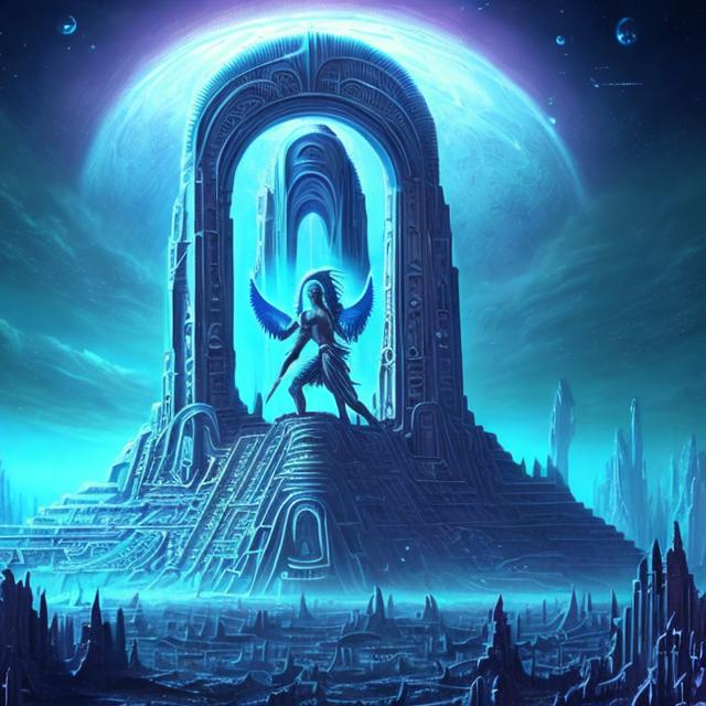 Prompt: Surrealism digital art of Anunnaki and Gilgamesh, cosmic space setting, futuristic starship with ancient architecture, Atlantis-inspired underwater city, high-tech, angel, heaven, stargate portal, surreal color palette, dreamlike lighting, detailed cosmic technology, surrealistic depiction, advanced space civilization, ancient mythology, highres, surrealism, cosmic space, futuristic, surreal color palette, dreamlike lighting, detailed technology, ancient architecture, surrealistic, advanced civilization