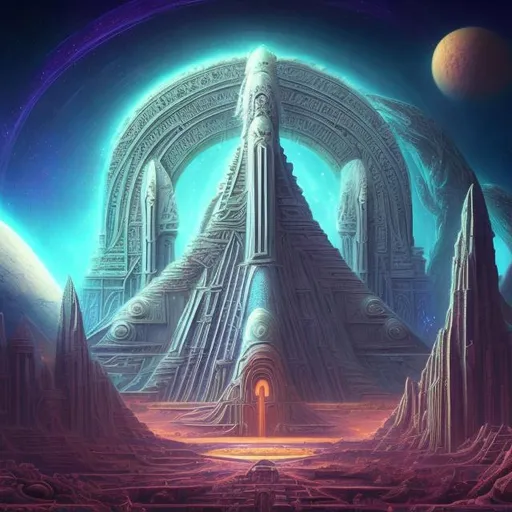 Prompt: Surrealism digital art of Anunnaki and Gilgamesh, cosmic space setting, futuristic starship with ancient architecture, city, high-tech, portal heaven, stargate, portal, surreal color palette, dreamlike lighting, detailed cosmic technology, surrealistic depiction, advanced space civilization, ancient mythology, highres, surrealism, cosmic space, futuristic, surreal color palette, dreamlike lighting, detailed technology, ancient architecture, surrealistic, advanced civilization