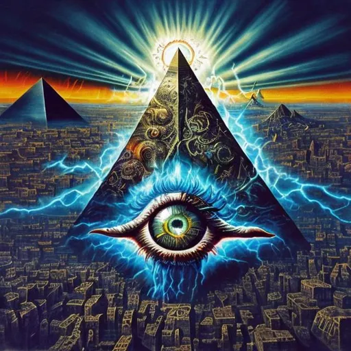 Prompt: Surrealist depiction of the all-seeing eye, earth in turmoil, angelic and demonic figures, superhero in conflict, looming pyramid, mind control, surrealism, detailed eye, symbolic hands, chaotic earth, angelic vs. demonic, superhero conflict, pyramid presence, mind-bending, surrealism style, high contrast, vibrant colors, dramatic lighting