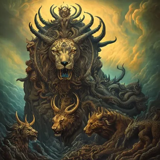 Prompt: Surrealism style, seven-headed beast with horns, crowns, dragon, bear, leopard, lion, surreal, detailed, high quality, atmospheric lighting, symbolic, Revelation, mythical, intense, surreal color palette, surrealistic details