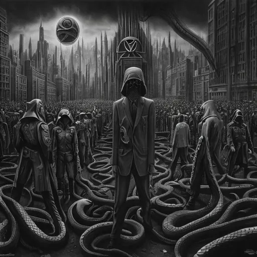 Prompt: Surrealism police controlling money, illuminati symbolism, race riots, planet with snake, high contrast, eerie lighting, surrealistic, detailed figures, dark tones, government control, dystopian, surrealism, symbolic, race tension, planetary scale, serpent, mysterious atmosphere, intense shadows, best quality, highres, surrealistic, symbolic, eerie lighting, detailed figures, dark tones, dystopian