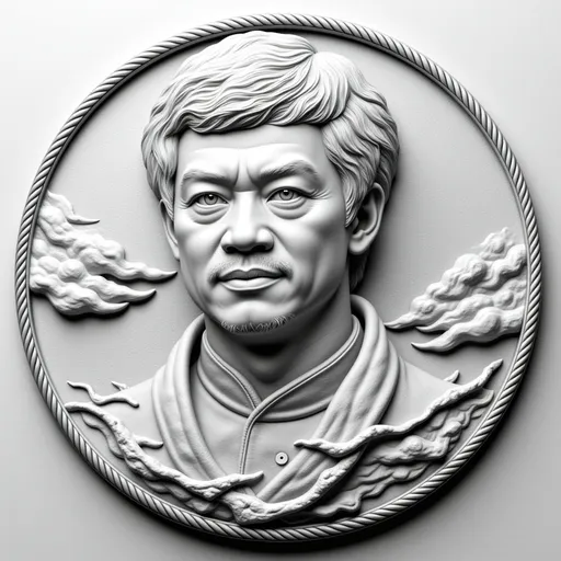 Prompt: asian, central located image of bruce lee, rope border, clouds in background