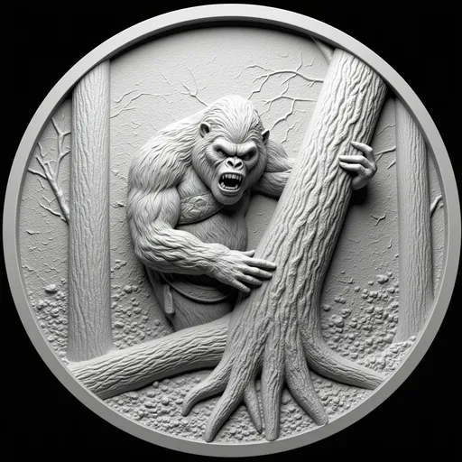 Prompt: Sasquatch hiding behind a tree and holding up middle finger on one hand