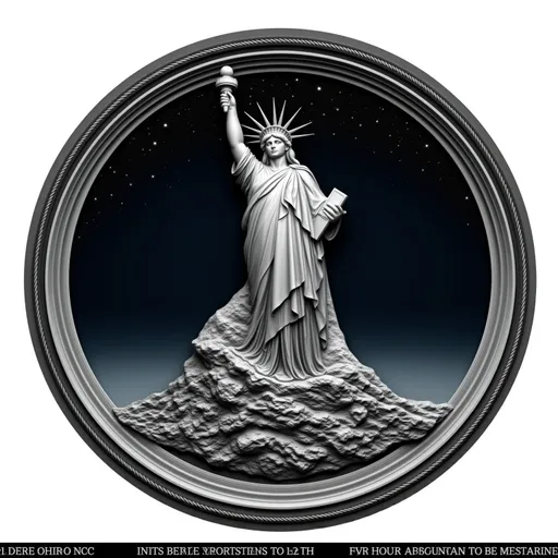 Prompt: silver walking Liberty, majestic statue of freedom, intricately detailed, surrounded by a decorative rope border, a twilight sky filled with twinkling stars, evoking a sense of hope and liberty, a strong expression of patriotism, harmonious colors blending deep blues and golds, ultra-detailed, high quality, inspiring atmosphere.