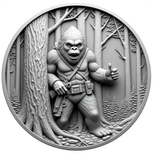 Prompt: Sasquatch peeking behind a tree in a forest giving a peace sign, holding a rifle