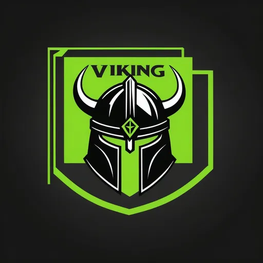 Prompt: This is a logo, black Viking helmet with lime green arrow going up into the helmet, a square made of four smaller squares in the middle of the arrow, underneath it write ‘VIKING RENOVATION AND DESIGN’ in black and green with the ‘Viking’ in special font white background