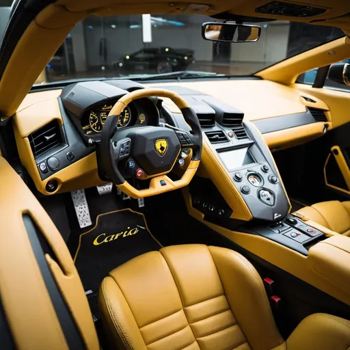 Prompt: interior of a lamborghini with the Caria word 