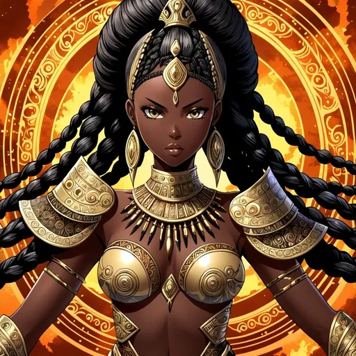 Prompt: anime, beautiful African princess warrior, detailed, ebony hair, intricate braids, formidable presence, with powers to manipulate the earth's elements very detailed