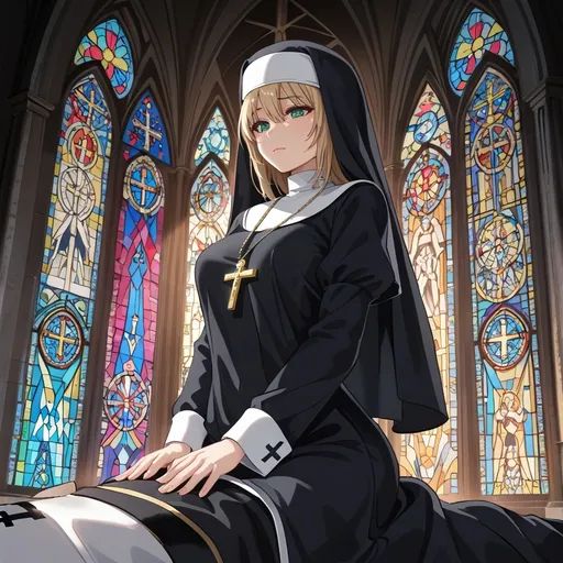 Prompt: (nun), (priest), straddling, in an ornate cathedral, intricate stained glass windows casting colorful light, warm and moody atmosphere, rosary details prominently displayed, high resolution, 4K, ultra-detailed, cinematic lighting, combining elements of reverence and tension, showcasing a forbidden moment within a sacred space.