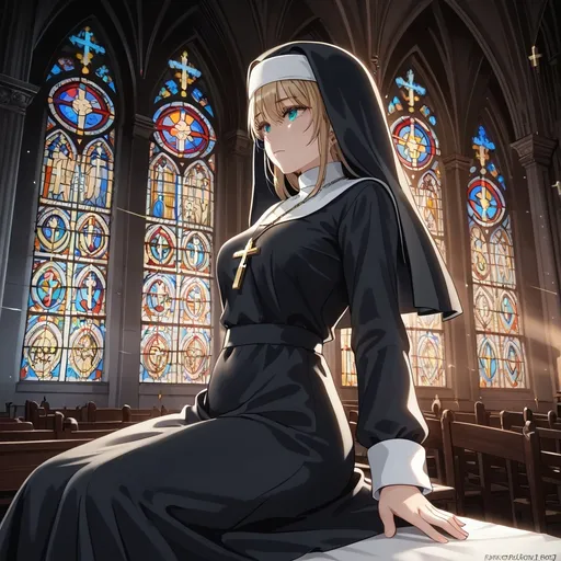 Prompt: (nun), (priest), straddling, in an ornate cathedral, intricate stained glass windows casting colorful light, warm and moody atmosphere, rosary details prominently displayed, high resolution, 4K, ultra-detailed, cinematic lighting, combining elements of reverence and tension, showcasing a forbidden moment within a sacred space.