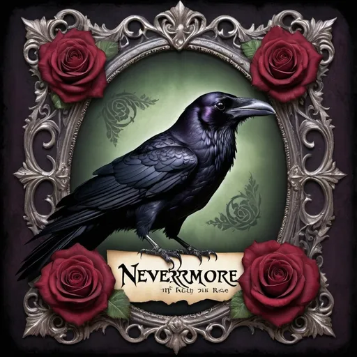 Prompt: vintage raven holding the words nevermore in it's mouth. Rose frame
