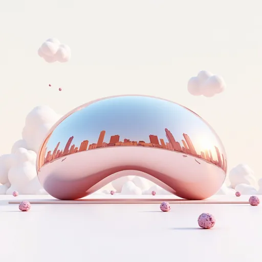 Prompt: Cloud Gate is the centerpiece: simplified into a sleek, bubbly shape with a high-gloss, mirror-like finish. It’s rendered with minimal shading and soft gradients—think chrome-pink or pastel-metallic with hints of soft blue or lavender.

The reflections on its surface aren’t literal—they’re stylized icons or shapes: small floating orbs, simple building outlines, or minimal UI-like elements (e.g. battery icons, signal bars, data nodes) to hint at innovation without clutter.

The background is clean and bright—maybe off-white or pale pink—with gentle cloud shapes drifting behind or below the Bean, giving it a sense of lightness or levitation, as if it’s hovering slightly off the ground.

Scattered lightly in the scene: small bubbles or transparent orbs, some with tiny circuits or glowing dots inside—like thought capsules or data pods.