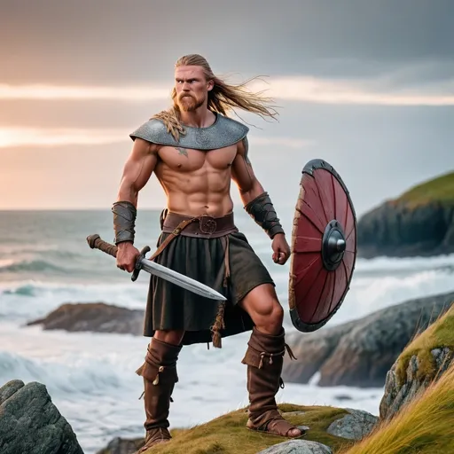 Prompt: Image of a warrior man on the Viking coast