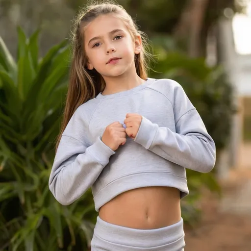 Prompt: 12 year old model girl wearing sweatshirt crop top stretching her arms 