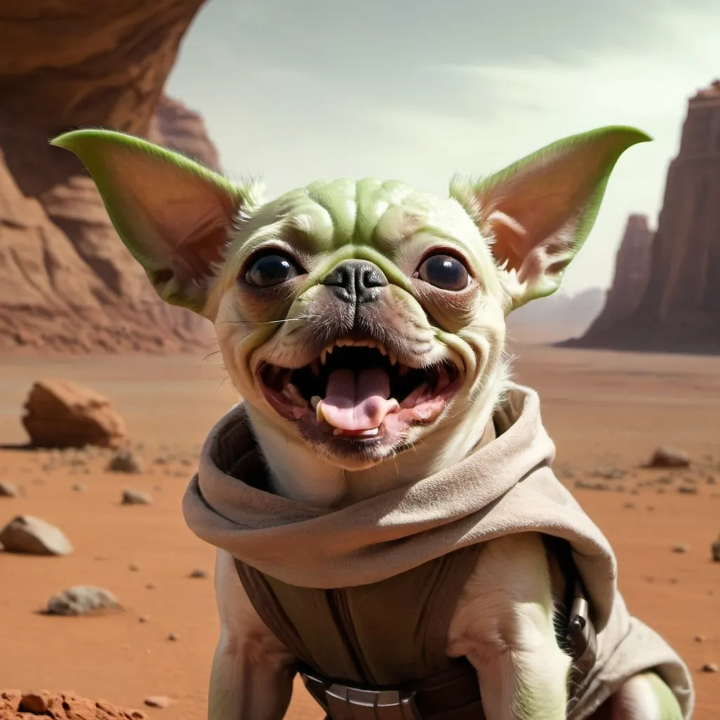 Prompt: dog with yoda style and big teeth. background is mars scenery