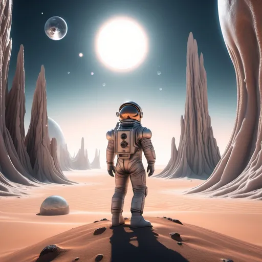 Prompt: A lone astronaut standing on an alien desert, towering crystalline formations around him, twin suns in the sky, surreal sci-fi art, photorealistic.