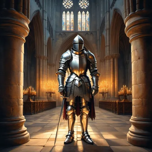 Prompt: A medieval knight in shining armor, standing in a grand gothic cathedral, warm candlelight casting shadows on the stone walls, oil painting style, ultra-detailed