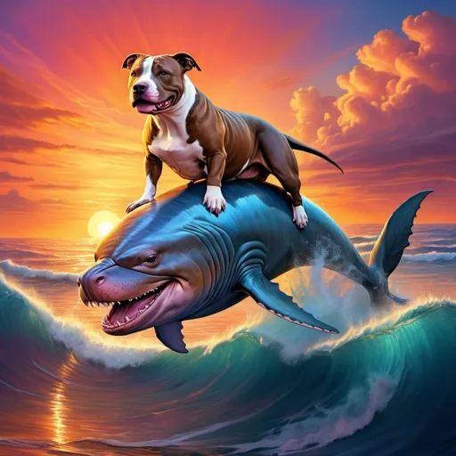 Prompt: Pitbull riding a horned whale into the sunset, vibrant sunset colors, ocean waves crashing, surreal fantasy landscape, detailed fur with warm reflections, majestic and dreamy atmosphere, high quality, fantasy, surreal, vibrant sunset colors, detailed fur, majestic atmosphere, dreamy lighting